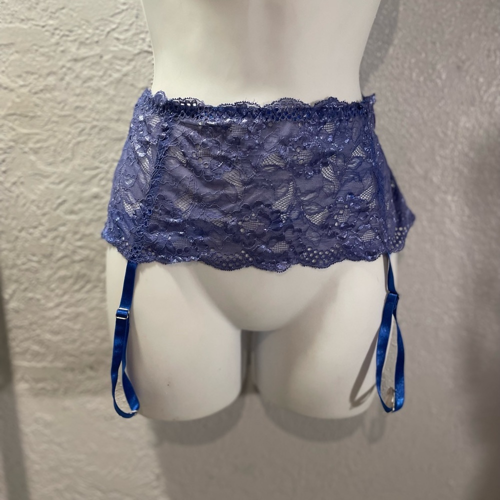 Lace Garter Belt with Satin Straps in Periwinkle Blue